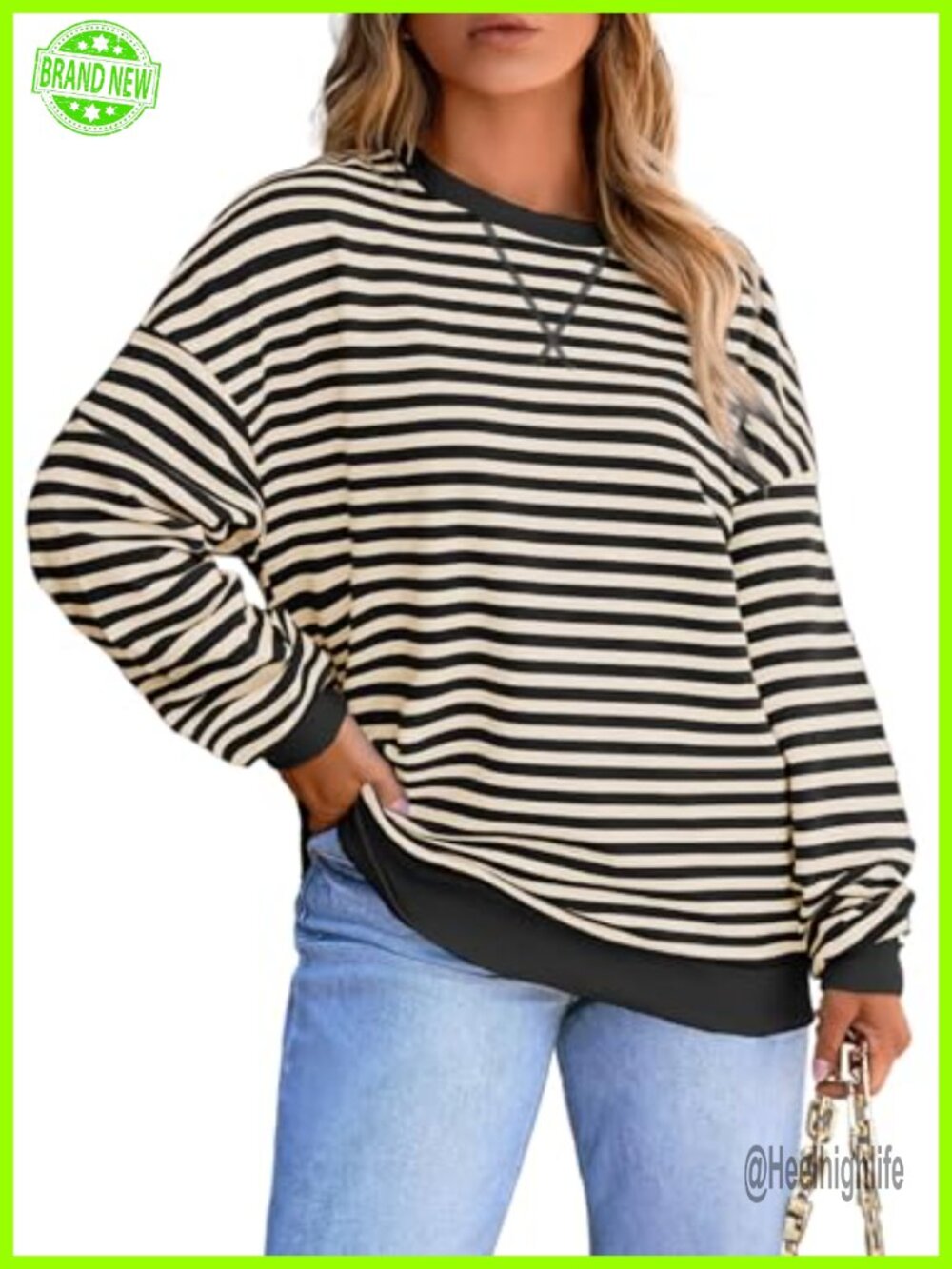 Plus Size Striped Color Block Crewneck Sweatshirt Loose Fit Long Sleeve